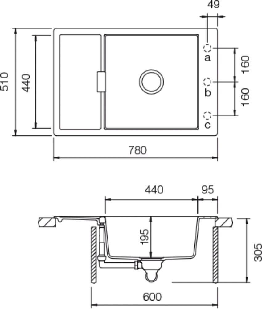 Schéma pro vestavbu dřezu MONO D-100XS Stone