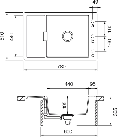 Schéma pro vestavbu dřezu MONO D-100XS 