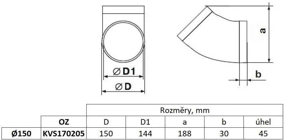 Obrázek Kulaté koleno fi 150 mm, 45°, bílé