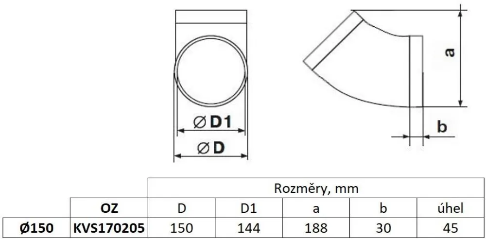 Obrázek Kulaté koleno fi 150 mm, 45°, bílé