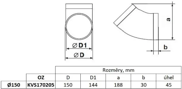 Obrázek Kulaté koleno fi 150 mm, 45°, bílé