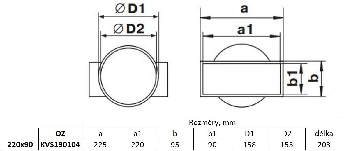Obrázek Redukce, přechod z hranatého potrubí na kruhové  220x90/150 mm