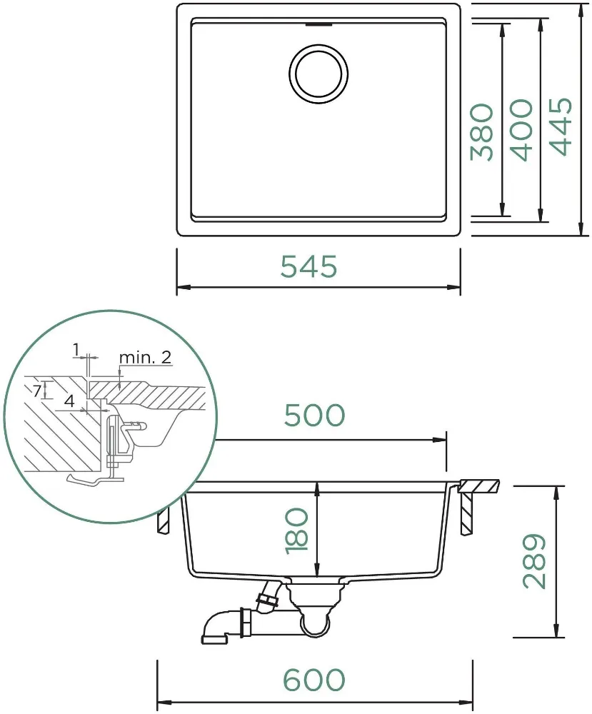 Obrázek Dřez KIRUNA N-100L Dusk Uložení do roviny
