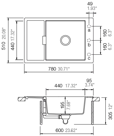Schéma pro vestavbu dřezu MONO D-100XS Magnolia